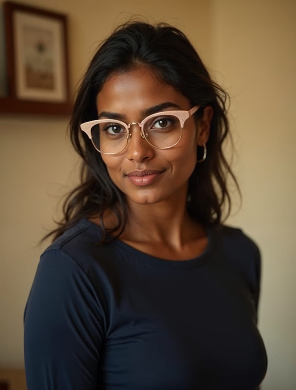 Indian woman wearing cat-eye titanium eyeglasses — Eyesqure Optical