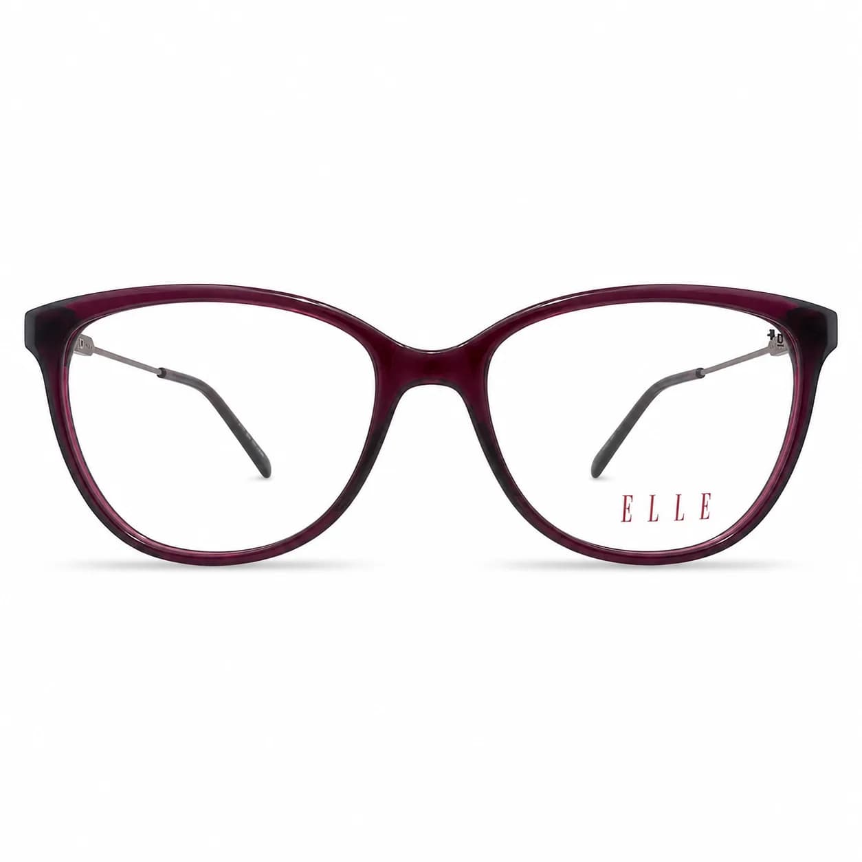 ELLE burgundy cat-eye optical frame for women with full-rim design and clear lenses.