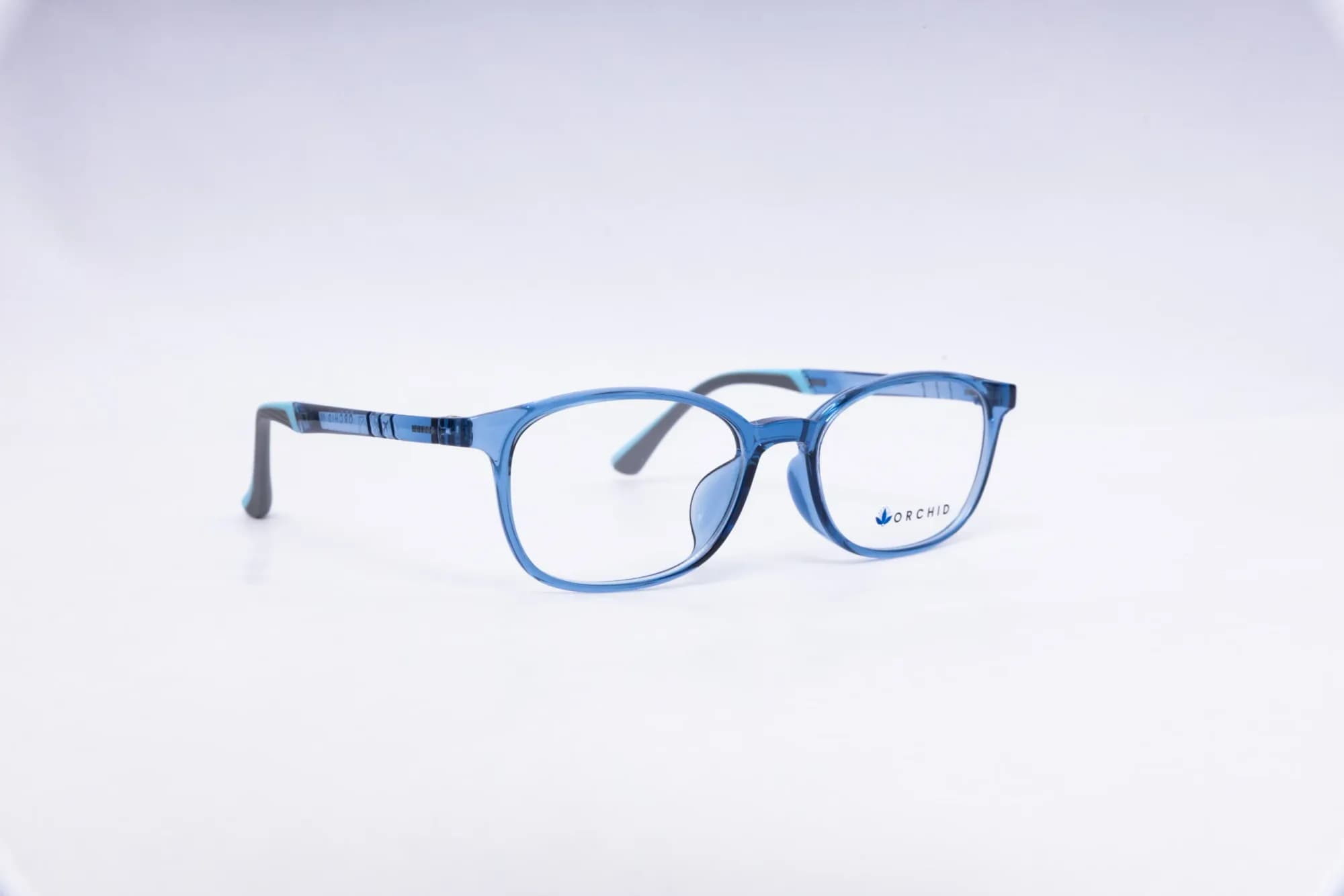 Orchid blue square eyeglasses side angle lightweight plastic frame Image 4 – Straight Product View