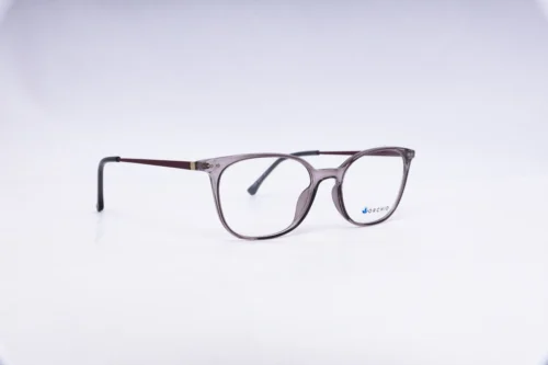 Side view of Orchid transparent grey eyeglass frames with maroon temples